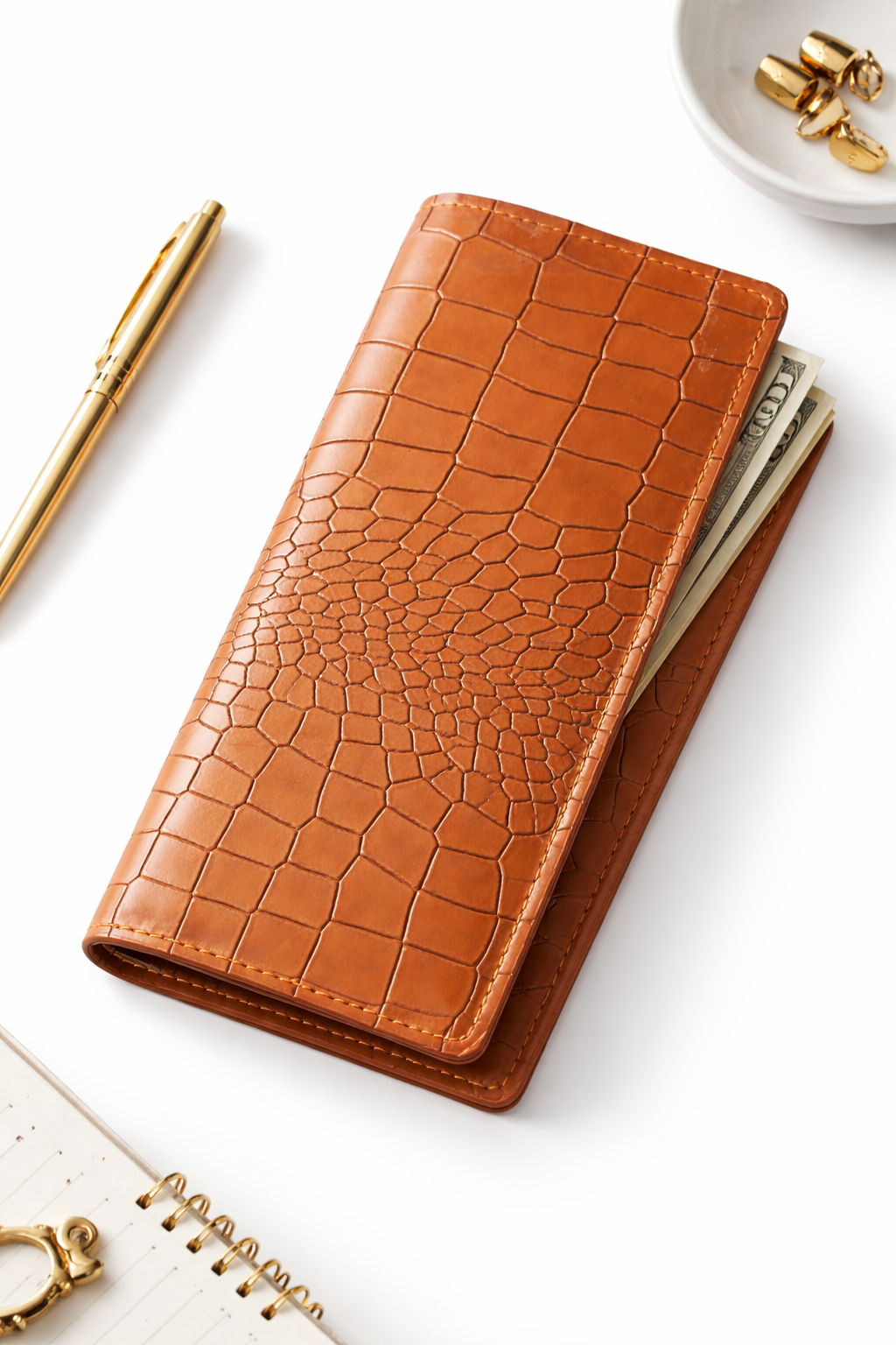 Premium Crocodile Texture Long Leather Wallet – Brown