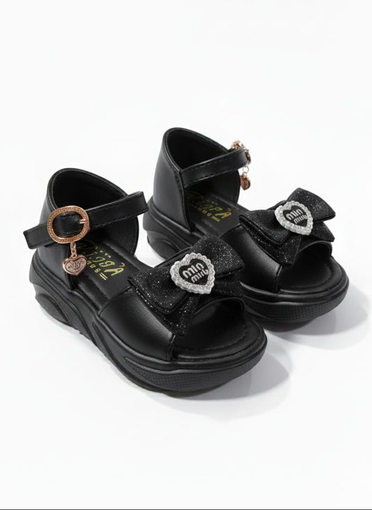 Girls' Stylish Black Party Sandals – Double Bow with Crystal Heart Accent