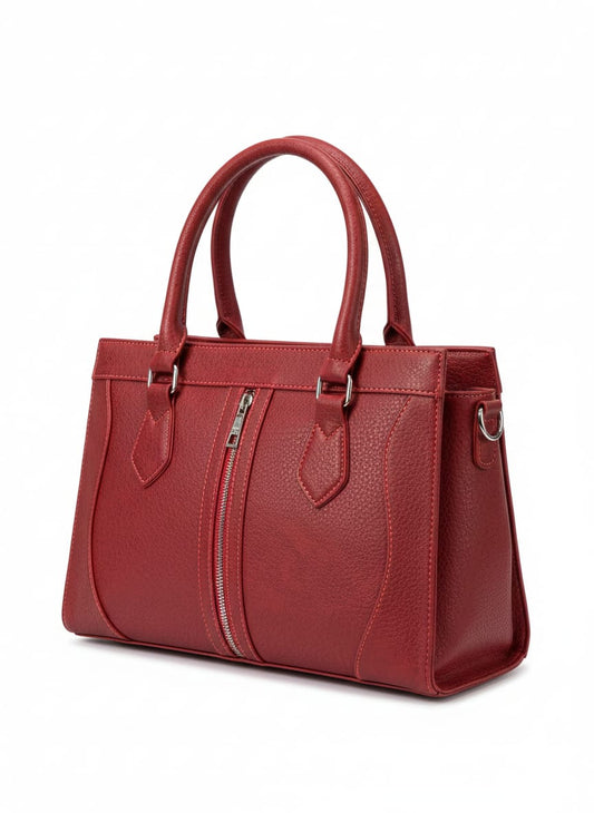 Women's Red Pebbled Leather Satchel Bag – Stylish Handbag with Zipper Detail & Twin Handles