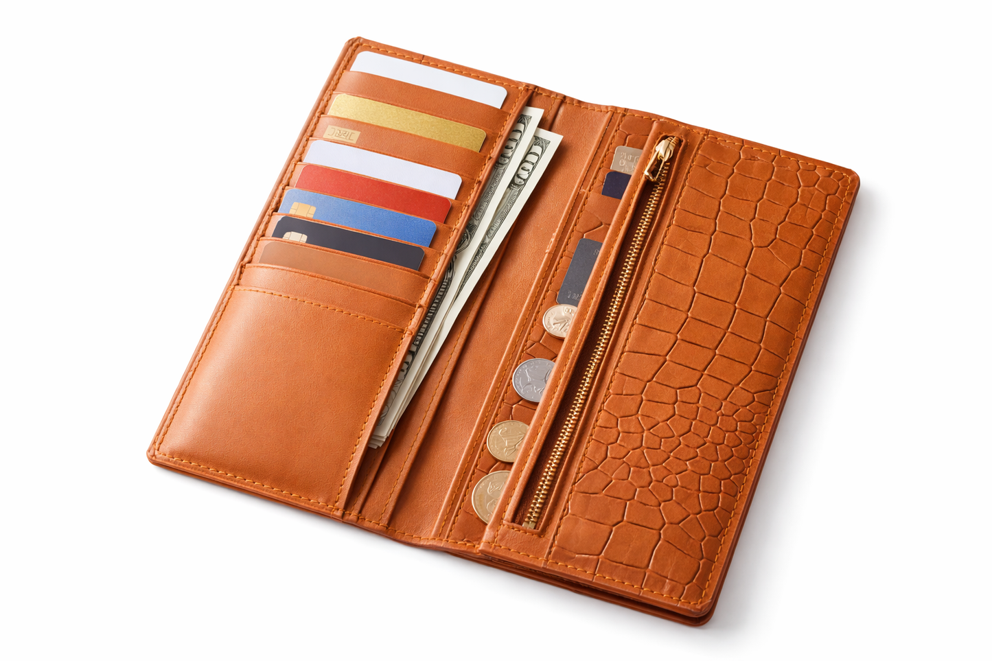 Premium Crocodile Texture Long Leather Wallet – Brown