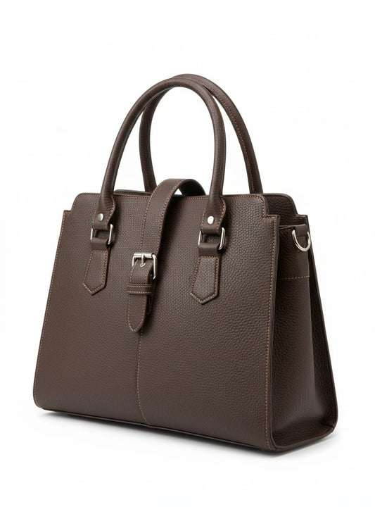 Elegant Chocolate Brown Satchel Bag - Textured Pebbled Leather Handbag with Buckle Detail