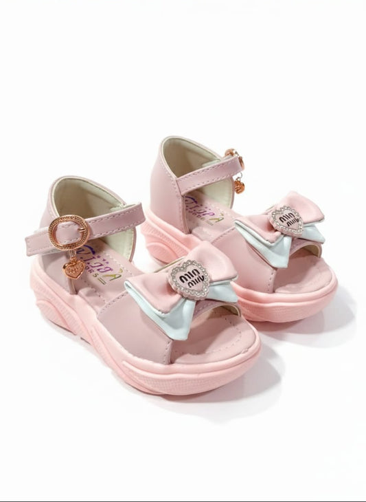 Girls' Cute Pink Party Sandals – Double Bow with Heart Crystal Detail