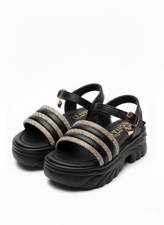 Black Glitter Party Wear Platform Sandals for Girls - Stylish & Comfortable