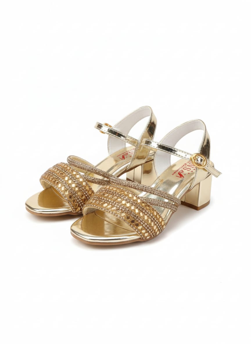 Metallic Rose Triple-Strap Heels