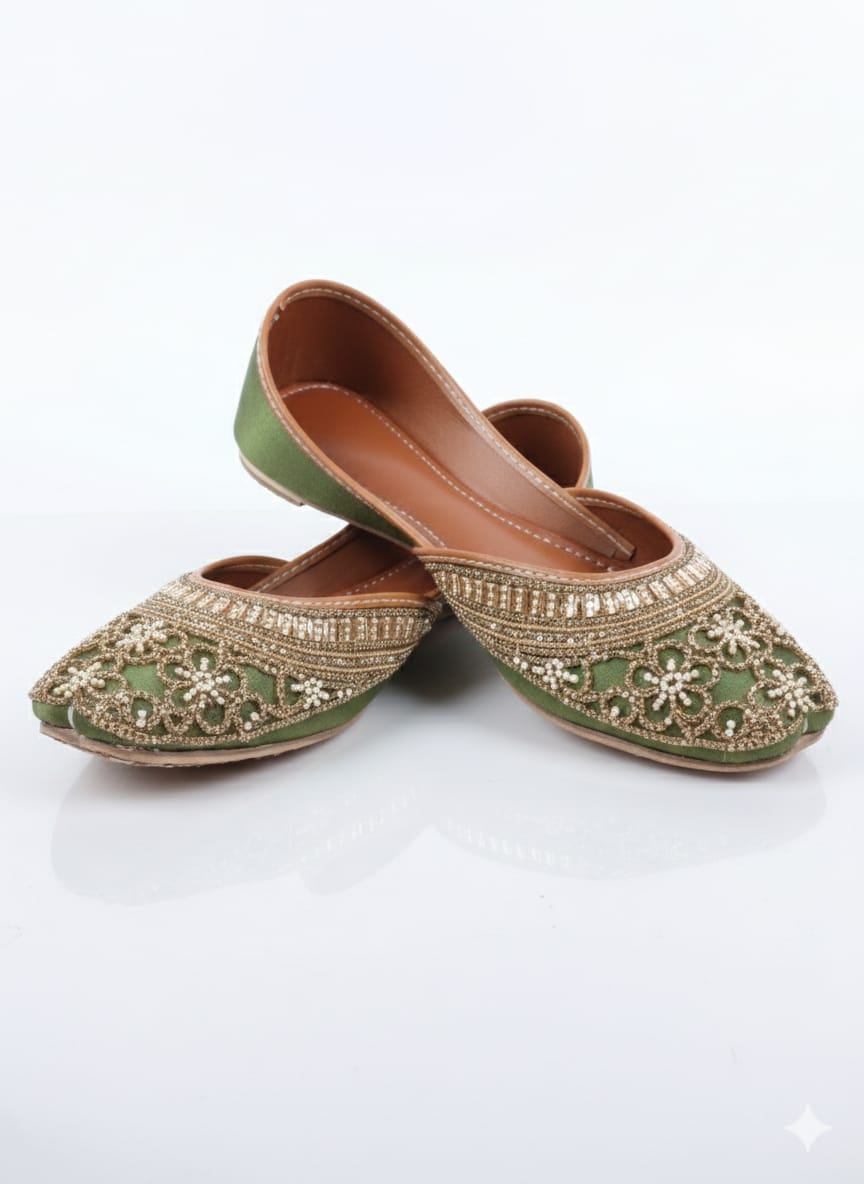 "Emerald Royale" – Hand-Embellished Green Silk Khussa with Gold Zari & Pearls