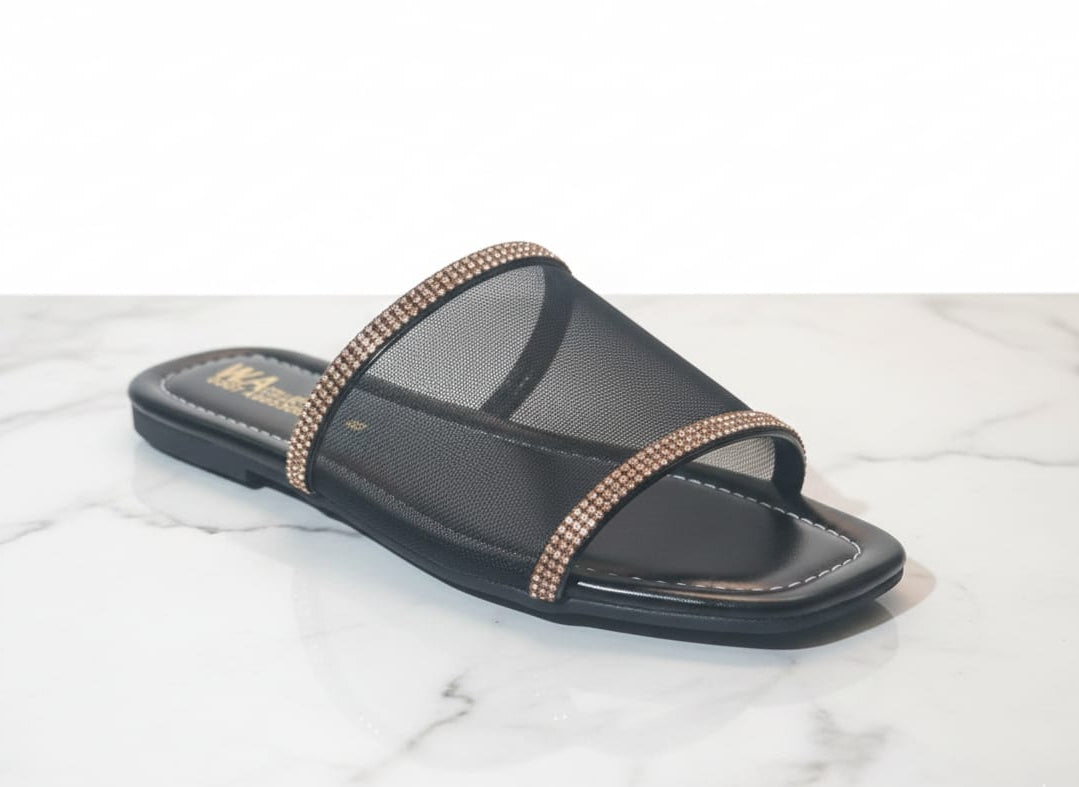"Midnight Shimmer" – Elegant Black Mesh Slides with Rhinestone Border