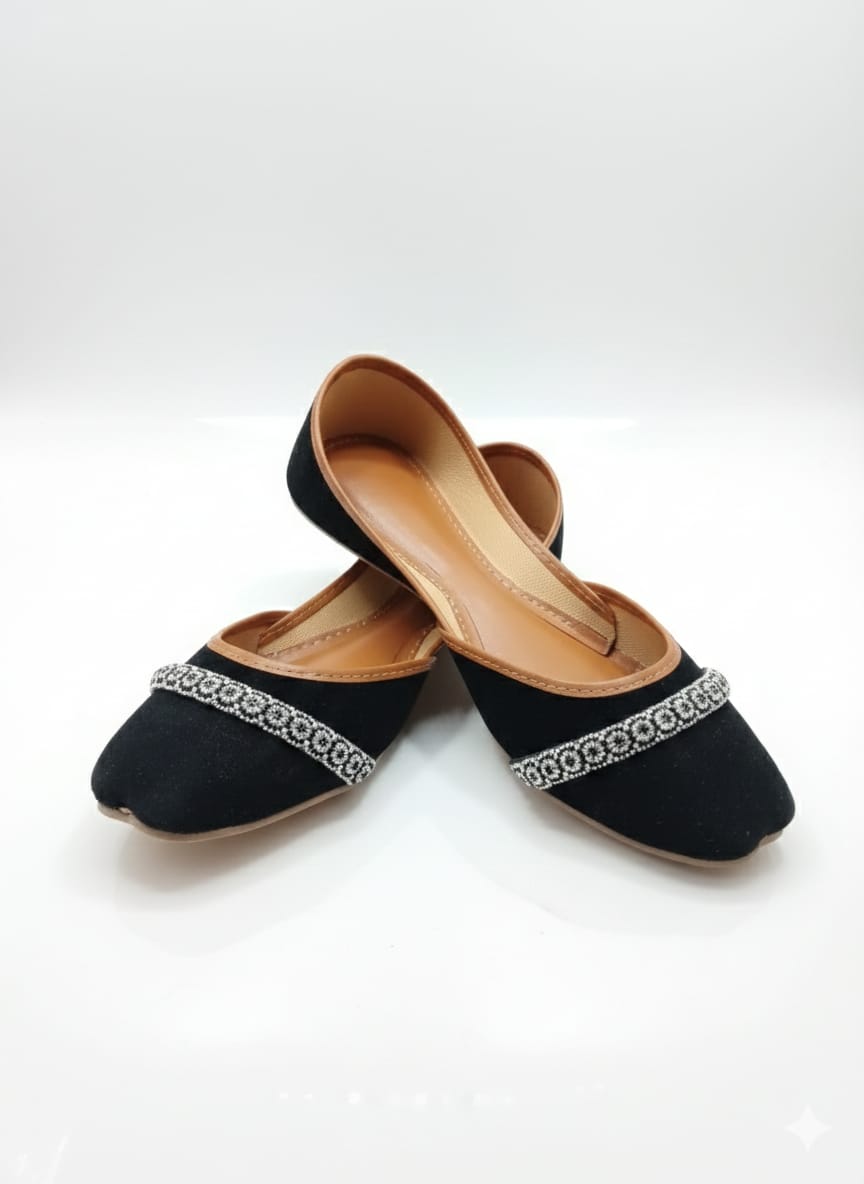 Royal Black Hand-Embellished Khussa – Signature Silver Zari & Beadwork