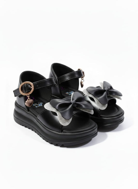 Midnight Butterfly: Black platform sandals silver glitter butterfly bow ke saath.