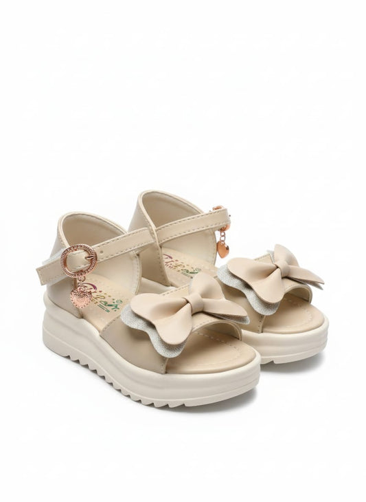 Girls' Sophisticated Beige Platform Sandals – Stylish Butterfly Bow & Heart Charm